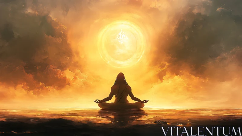 Silhouette meditates before central luminous circular form