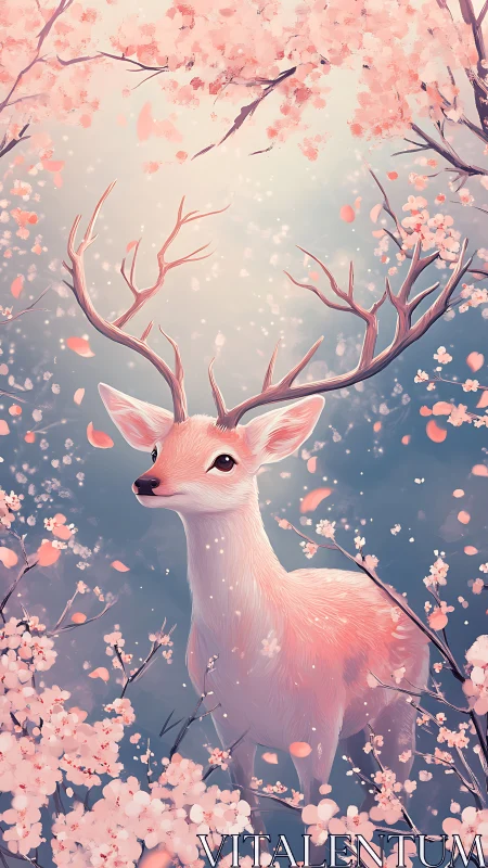 White deer stands under blooming cherry branches in spring