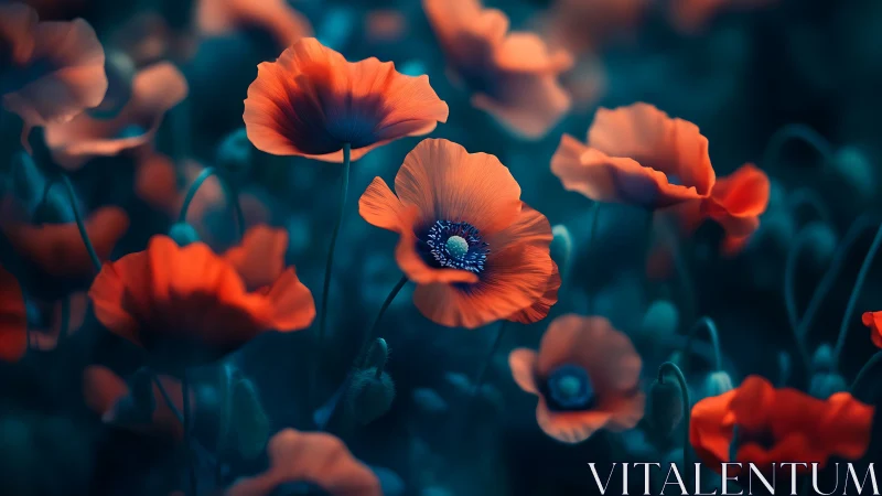 Glowing Red Anemone Flowers Against Deep Teal Background. Macro.