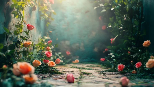Roses Bloom Between Crumbling Walls in Golden Enchantment.