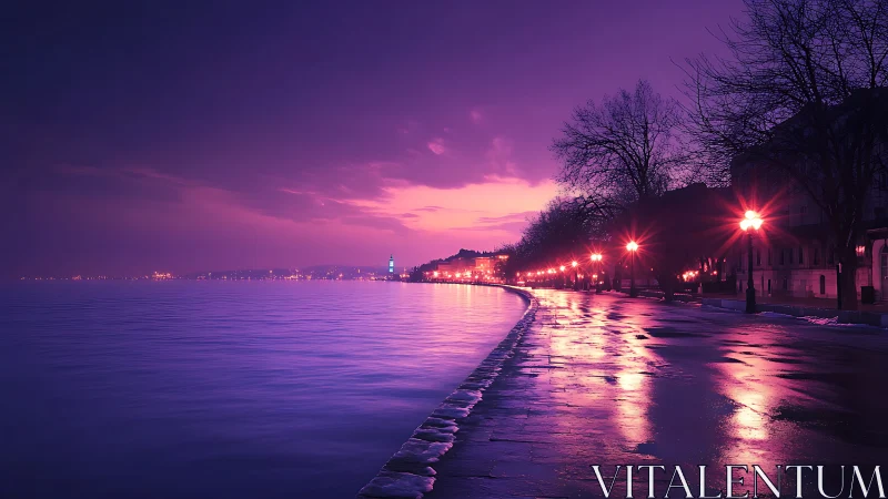 Twilight waterfront promenade in saturated purple tonality.