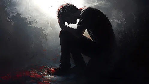 Kneeling silhouette cradling sorrow beneath a broken dawn.