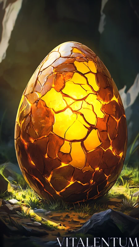 Cracked luminous egg object rests on a forest floor surface