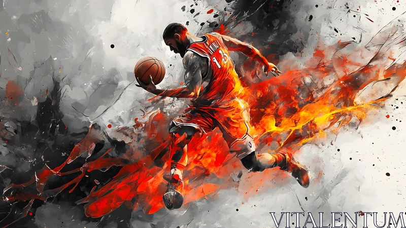 Dynamic basketball dunk with fiery digital energy trail.
