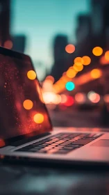 Laptop dreams in neon city bokeh and twilight glow.
