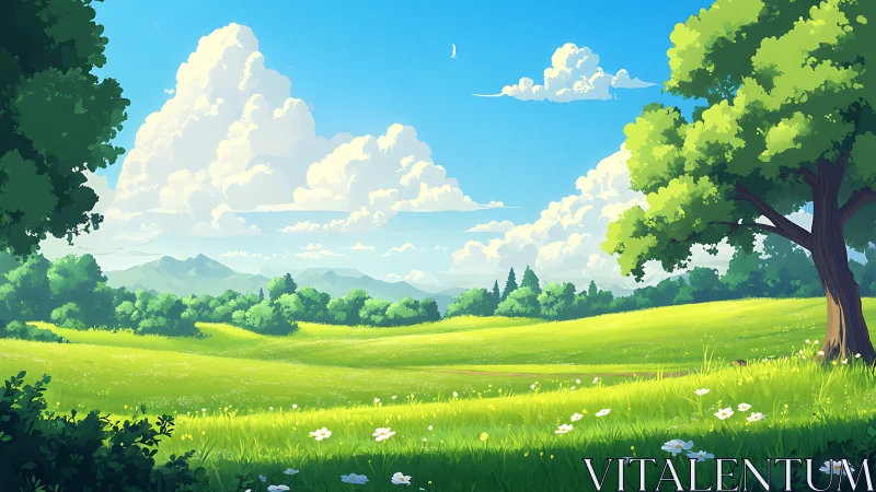Digital landscape of green meadow, trees and distant hills.