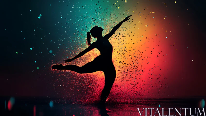 Joyful dancer silhouette leaping through glowing color spray.