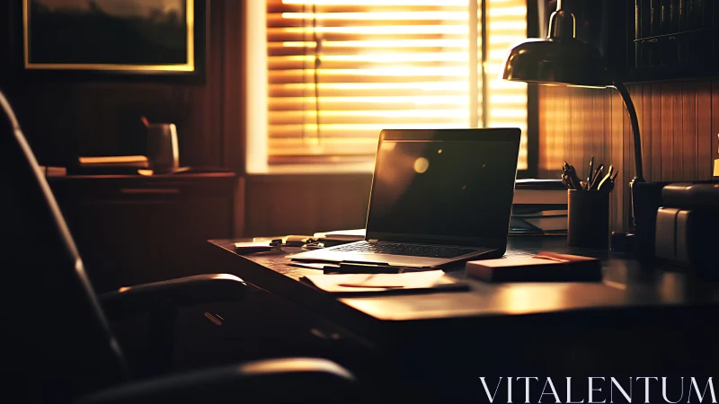 Warm sunset light floods minimalist wooden home office