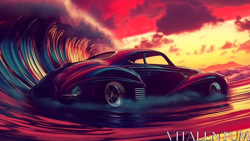 Retro coupe slices neon surf under blazing sunset sky.