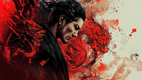 Brooding samurai adrift between dueling crimson dragons.
