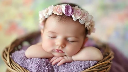 Sleeping Infant in Woven Basket with Floral Crown