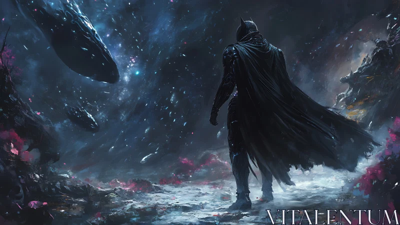 Armored caped sentinel under drifting starborne leviathans