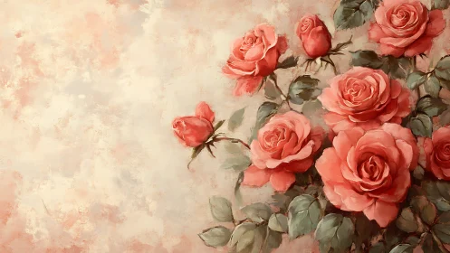 Coral Rose Cluster with Foliate Elements on Distressed Neutral Ground.