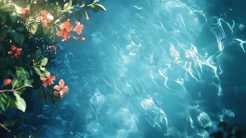 Sunlit pool ripples beside soft coral blossoms in bloom.
