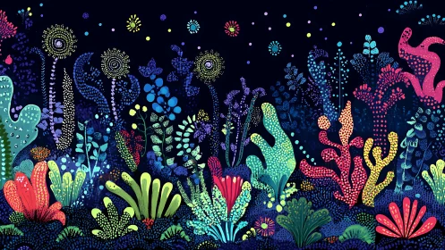 Neon coral forest glows against deep midnight ocean backdrop.