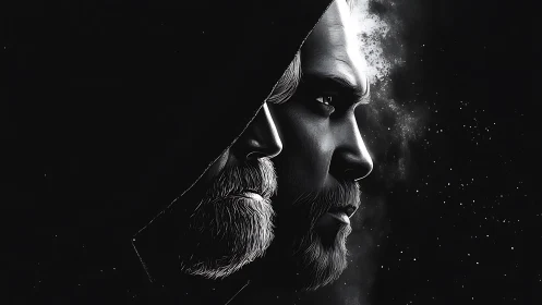 Dual spectral portraits of hooded bearded profiles in void.