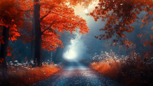 Crimson Canopy Path: Where Autumn's Fire Meets Ethereal Light.