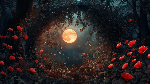 Full moon glowing in dark forest framed by red flowers.