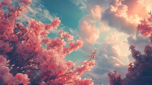 Blossoming cherry branches frame glowing pastel sunset sky
