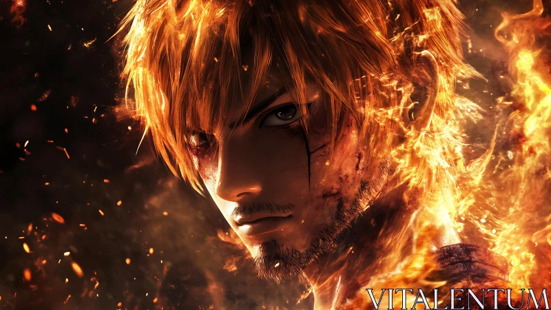 Fiery anime warrior portrait in dynamic ember lighting.