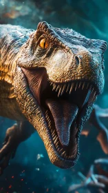 Ferocious dinosaur close-up with open jaws in motion.