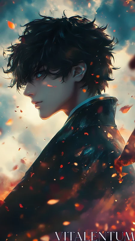 Brooding firelit hero wrapped in swirling autumn embers.