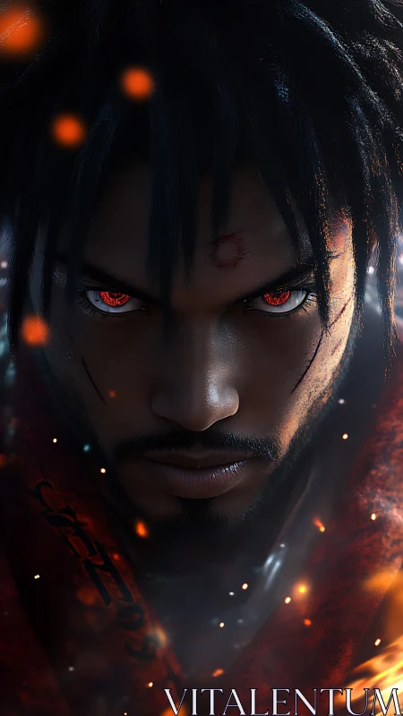 Ember-eyed warrior emerges from darkness in burning focus.