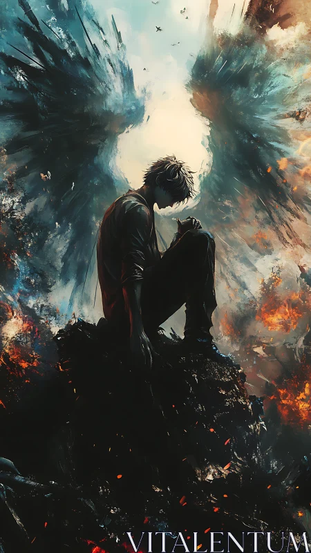 Fallen-winged dreamer pauses inside a sky of burning dusk