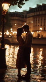 Romantic Embrace by Seine River Lamplight.