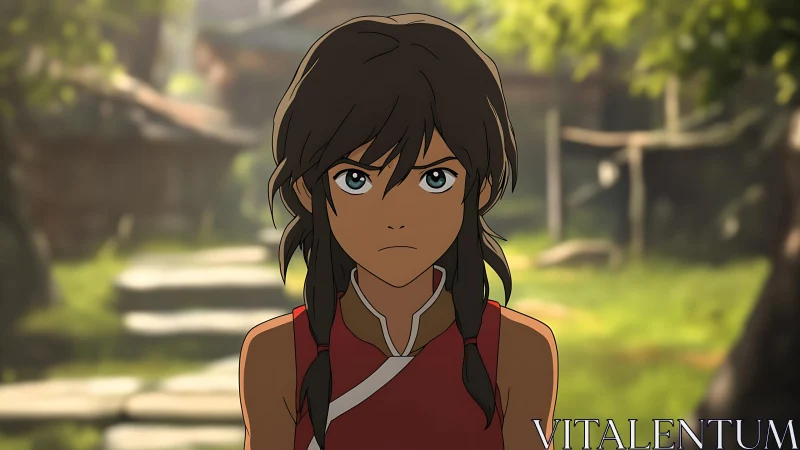 Determined anime heroine in sunlit village path setting.