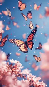 Monarch butterflies in flight over flowering branches in spring.