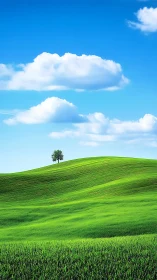 Single tree on bright green rolling hill under blue sky.