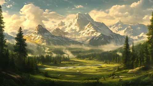 Mountain valley shows sunlit meadows below snowy peaks