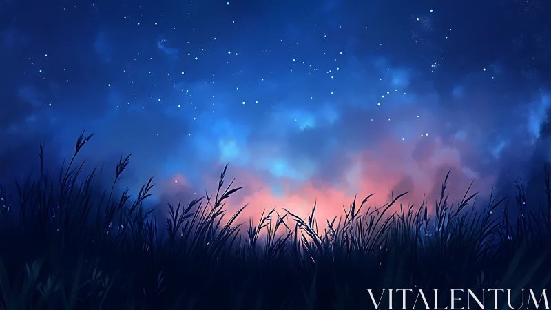 Twilight meadow silhouette under luminous starfield sky glow