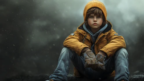 Child in outdoor clothing sits against diffuse stormy backdrop