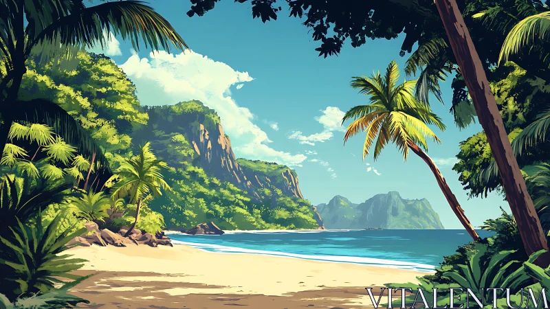 Tropical coastal landscape with mountain formations and palm vegetation