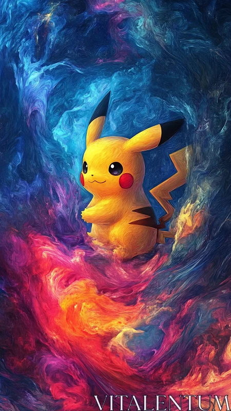 Pikachu stands in swirling neon cosmic energy cloud.