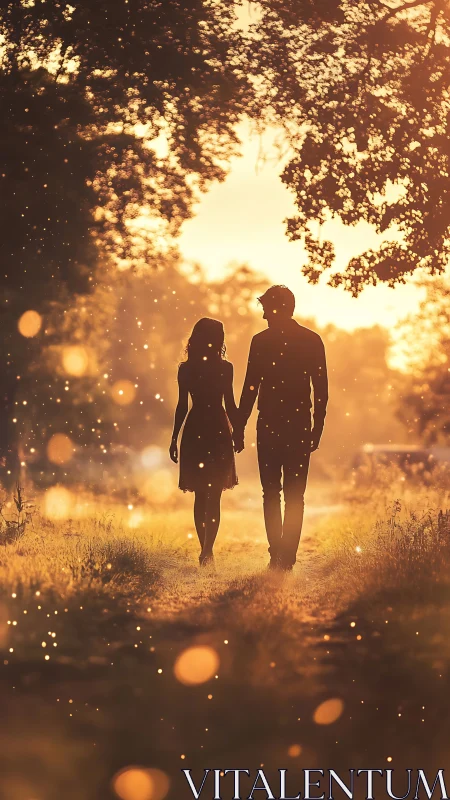 Two figures walk along path beneath tree canopy at golden hour.