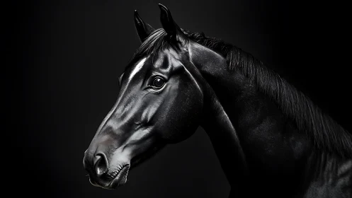 Midnight stallion carved from light and velvet shadow.