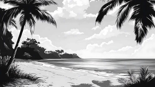 Tropical Beach Paradise with Palm Trees and Calm Waters.