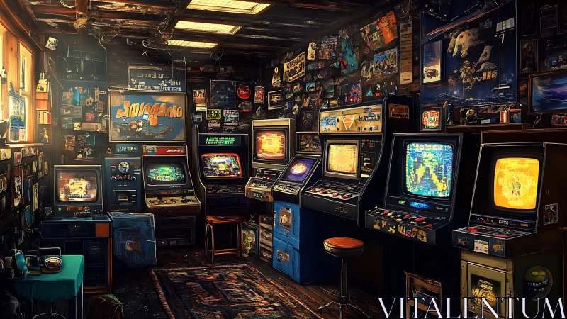 Neon-soaked retro arcade room packed with vintage cabinets.