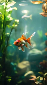 Goldfish swimming in lush planted aquarium scene.