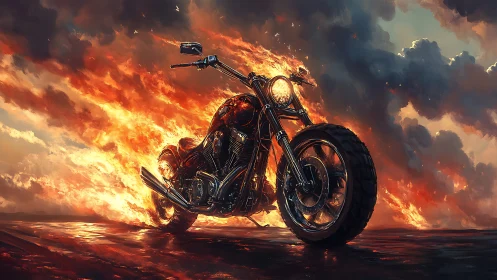 Custom motorcycle on roadway with surrounding fire clouds.