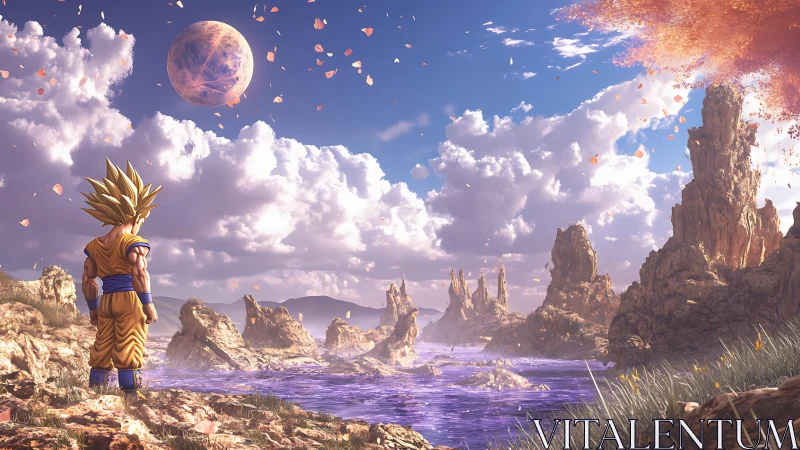 Saiyan warrior overlooking violet alien river valley.