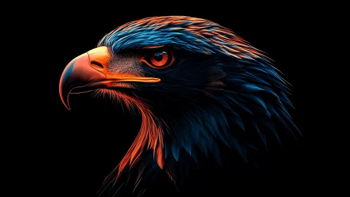 Neon-lit eagle profile renders razor sharp plumage detail
