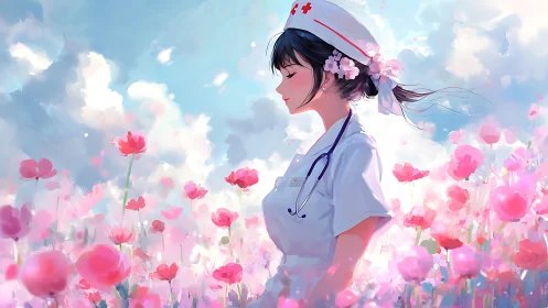 Daydreaming nurse drifts through pastel poppy healing fields.