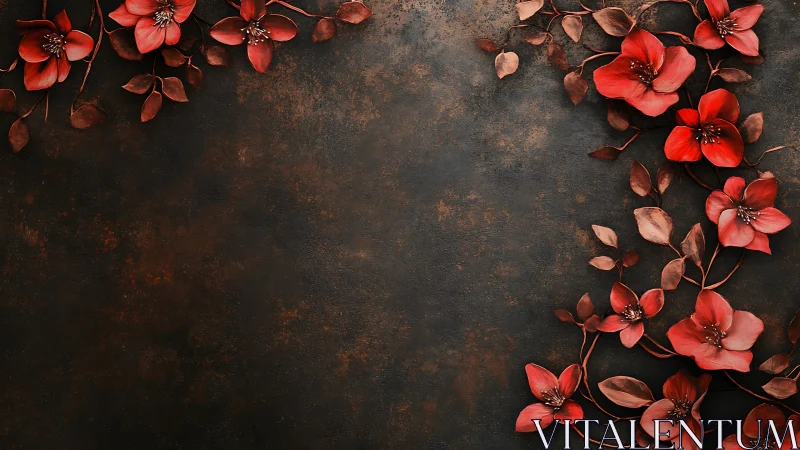 Red Blossoms on Rust: Floral Frame Against Weathered Surface