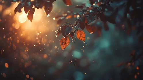 Backlit raindrops on foliage with warm bokeh diffusion.