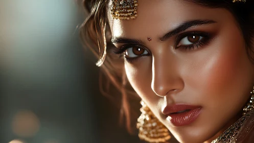 Intense gaze framed by ornate traditional gold jewelry.