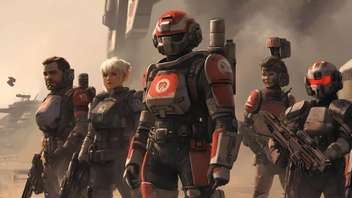 Armored sci fi strike team advancing through warzone.